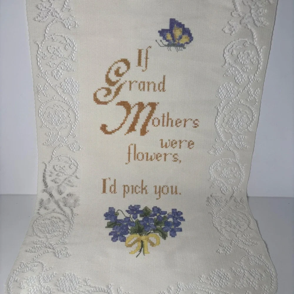 Vintage Cross Stitch Style Wall Hanging OS Cream Grandmother Flower Lace Banner